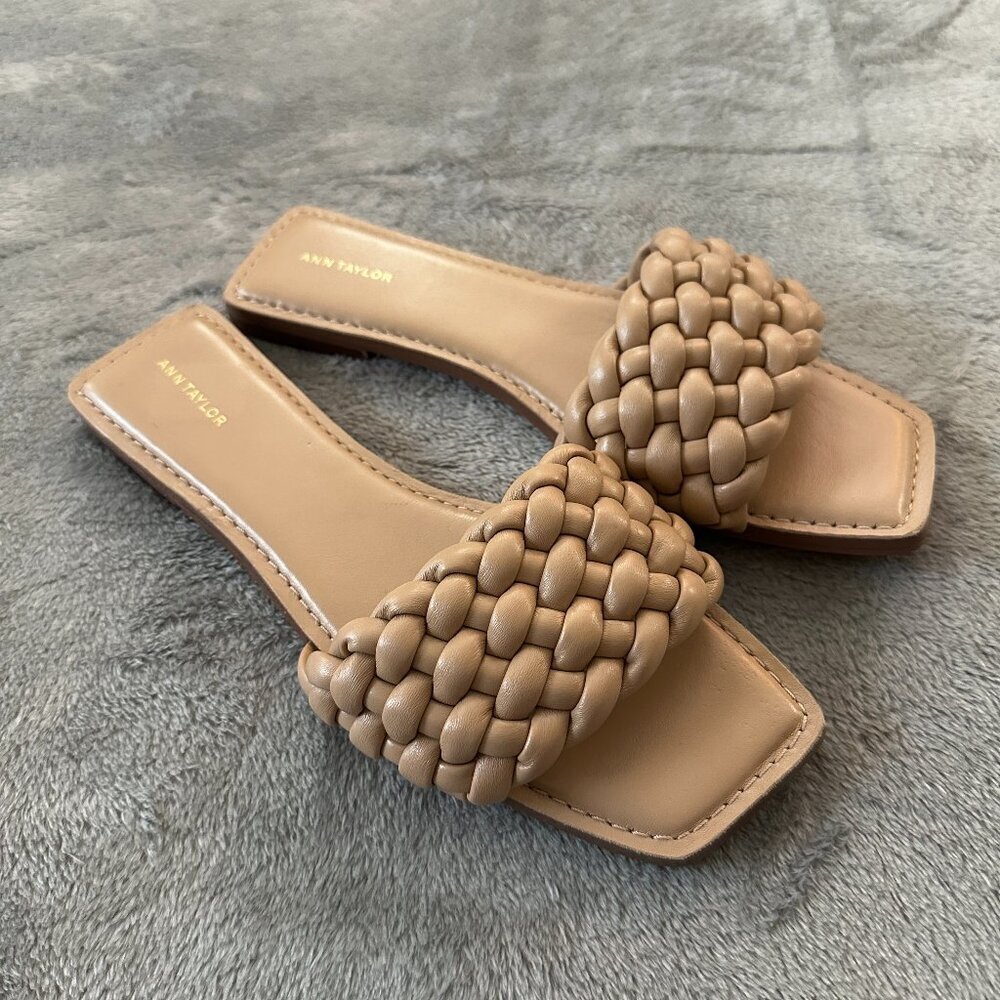 Ann Taylor Slide Sandals 9.5 Shoes Nude Leather Braided Square Toe